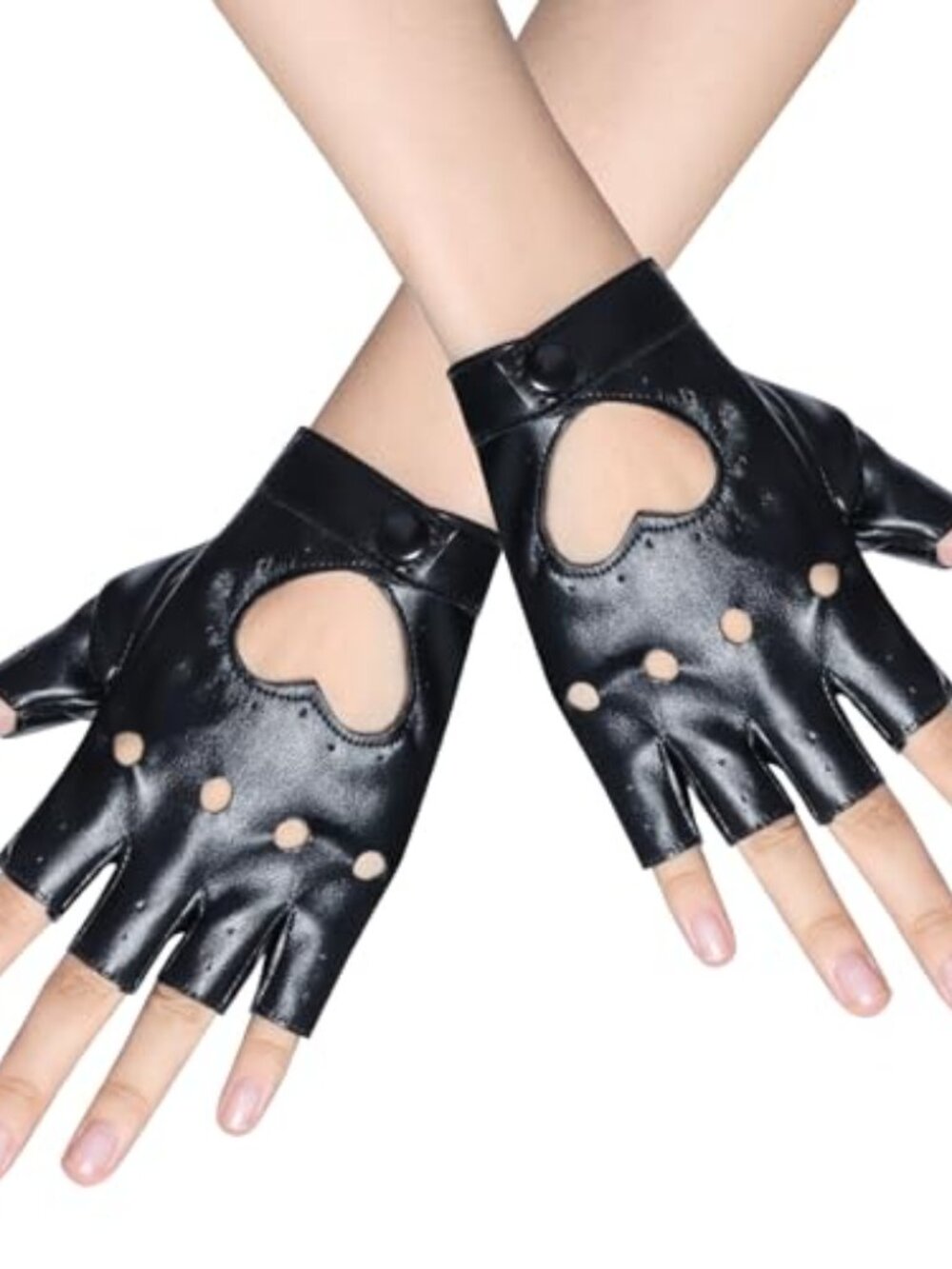 New - Black Fingerless Gloves PU Faux Leather Dance Gloves Heart Cutout Punk
